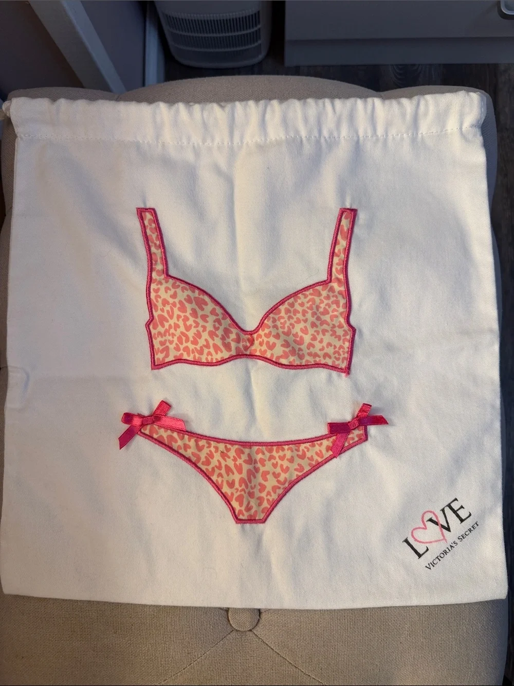 Victoria's Secret White Drawstring Bag with Pink & Coral Lingerie Applique